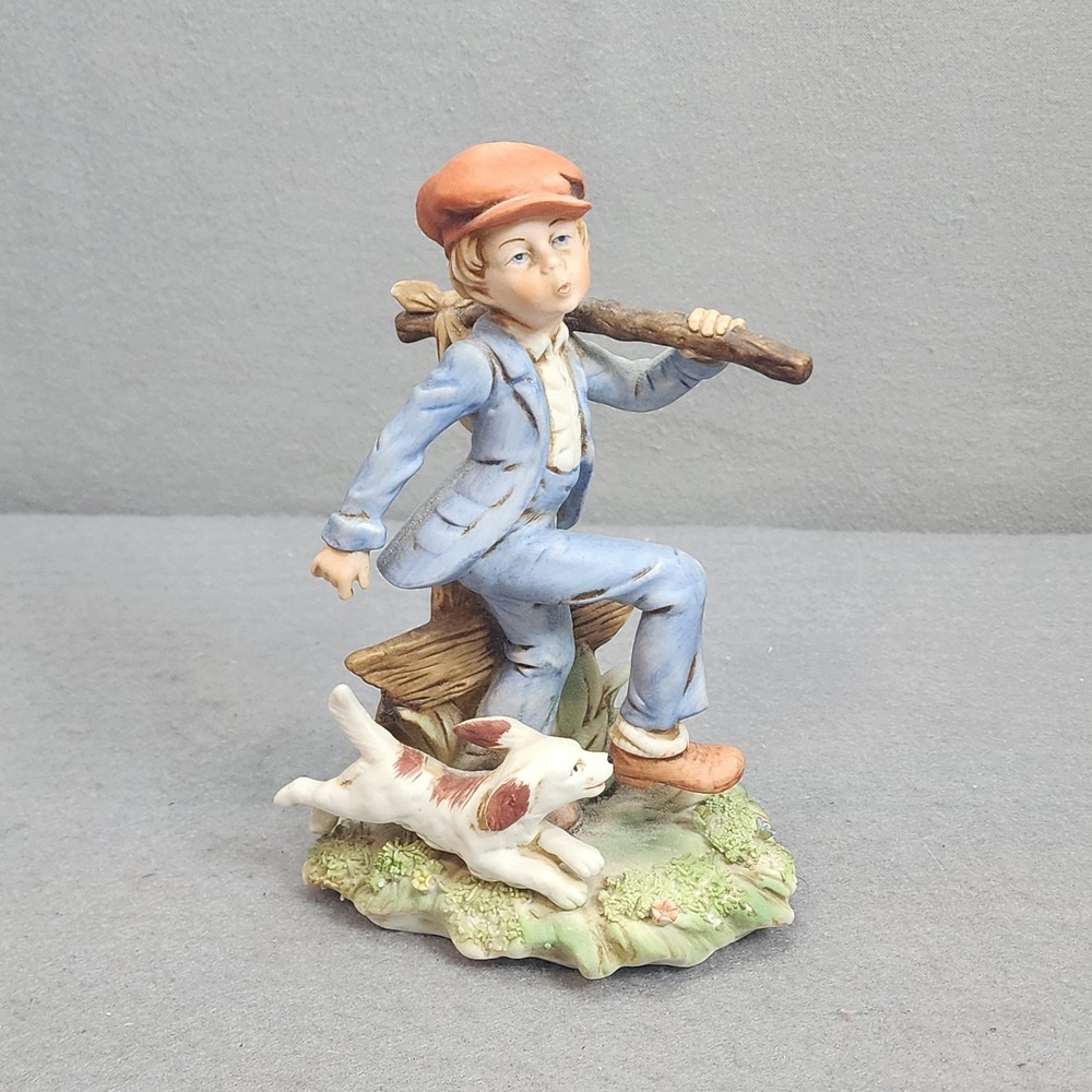 Vintage Enesco Figurine Boy with Dog and Bindle Blue‎ Suit Red Cap E 5338
